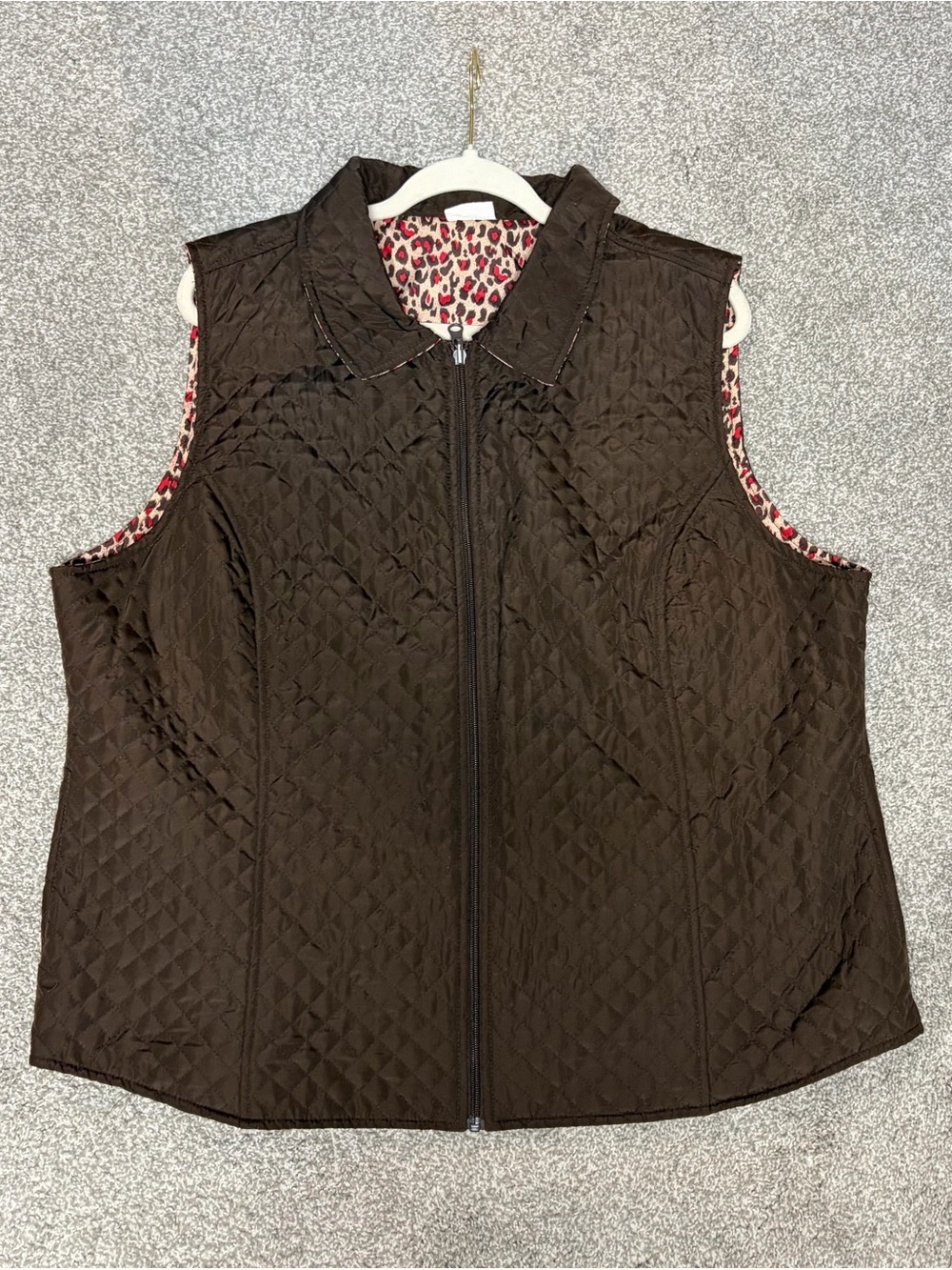 Kim Rogers Brown Quilted Vest 🤎 Size large| Pink Leopard Lined Fall Favorite